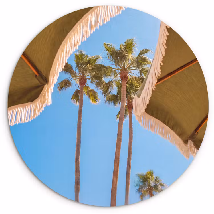 Glasbild Rund - Sonnenschirm – Grün – Fransen – Sommer – Tropisch - Parasol - Groen - Franjes - Zomer - Tropisch Wandcirkel plexiglas klein
