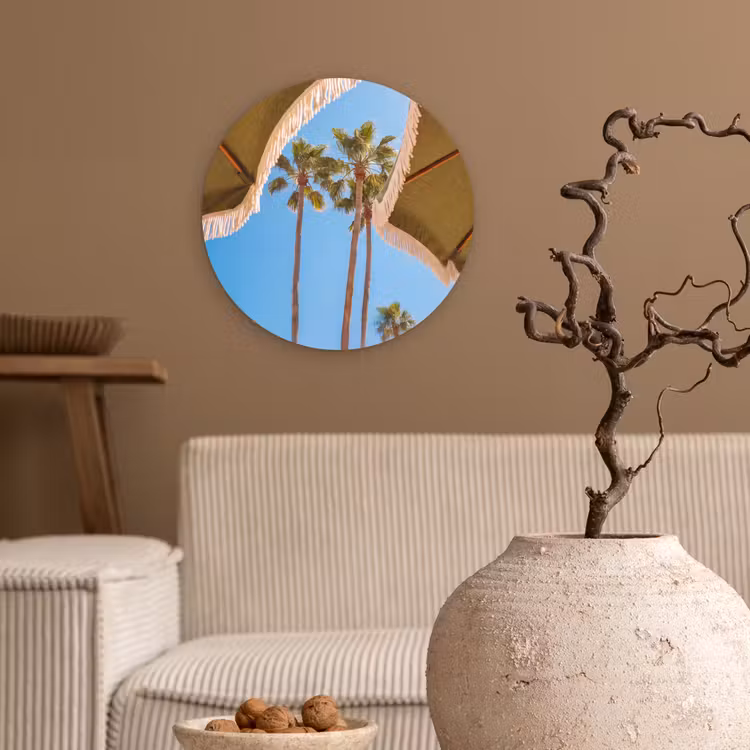 Glasbild Rund - Sonnenschirm – Grün – Fransen – Sommer – Tropisch - Parasol - Groen - Franjes - Zomer - Tropisch Wandcirkel plexiglas klein