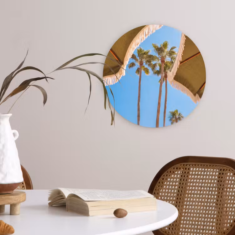 Glasbild Rund - Sonnenschirm – Grün – Fransen – Sommer – Tropisch - Parasol - Groen - Franjes - Zomer - Tropisch Wandcirkel plexiglas klein