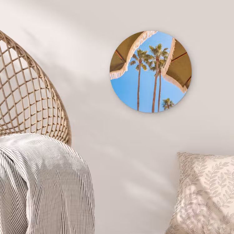 Glasbild Rund - Sonnenschirm – Grün – Fransen – Sommer – Tropisch - Parasol - Groen - Franjes - Zomer - Tropisch Wandcirkel plexiglas klein