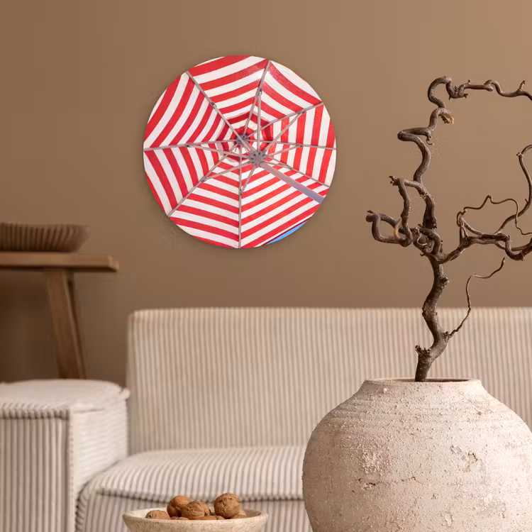 Glasbild Rund - Sonnenschirm – Streifen – Sommer – Rot – Blau - Parasol - Strepen - Zomer - Rood - Blauw Wandcirkel plexiglas klein