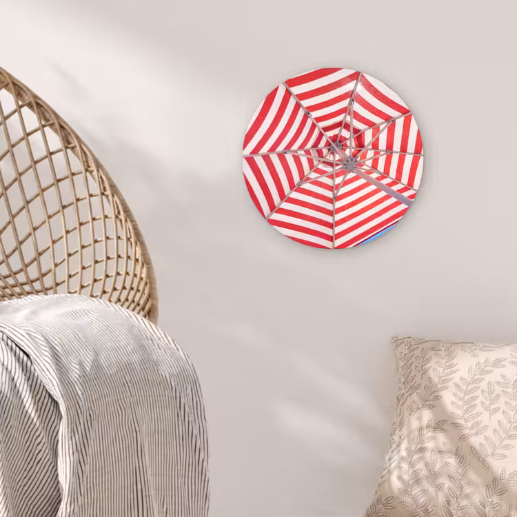 Glasbild Rund - Sonnenschirm – Streifen – Sommer – Rot – Blau - Parasol - Strepen - Zomer - Rood - Blauw Wandcirkel plexiglas klein