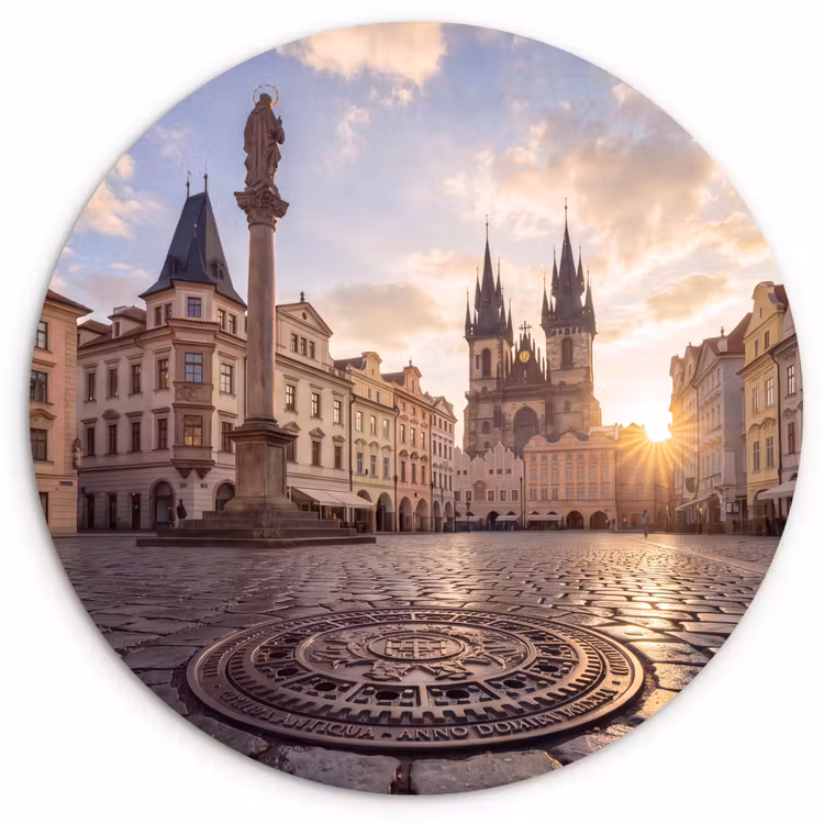 Glasbild Rund - Stadt – Prag – Morgen – Architektur – Gold - Stad - Praag - Ochtend - Architectuur - Goud Wandcirkel plexiglas klein