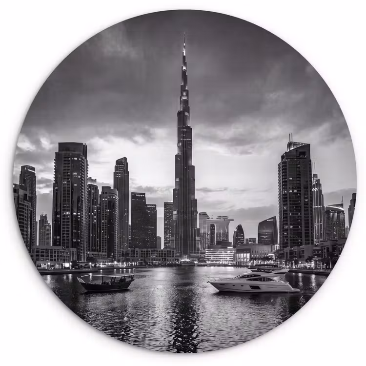 Glasbild Rund - Stadt – Skyline – Architektur – Abend – Schwarz-Weiß - Stad - Skyline - Architectuur - Avond - Zwart-wit Wandcirkel plexiglas klein