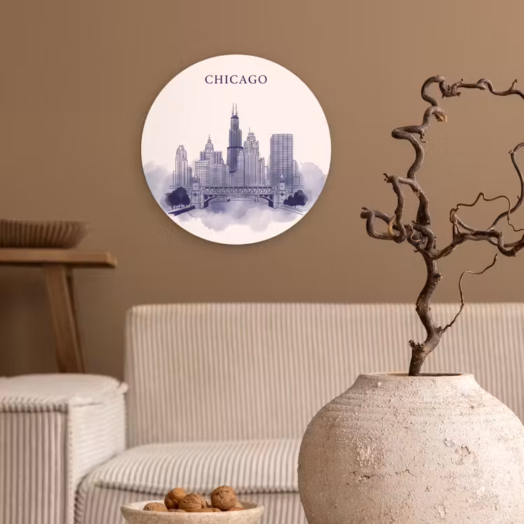 Glasbild Rund - Stadt – Skyline – Architektur – Strichzeichnung – Blau — 2
