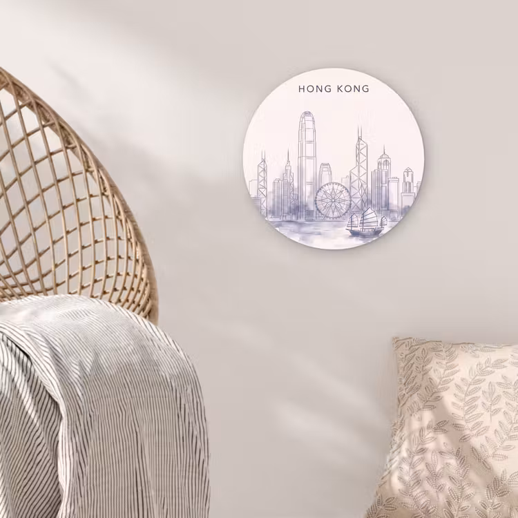 Glasbild Rund - Stadt – Skyline – Wasser – Strichzeichnung – Blau - Stad - Skyline - Water - Lijntekening - Blauw Wandcirkel plexiglas klein