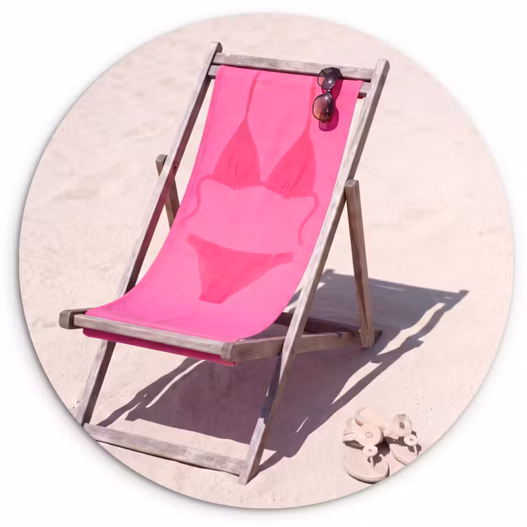 Glasbild Rund - Strand – Liegestuhl – Bademode – Sommer – Rosa - Strand - Ligstoel - Badkleding - Zomer - Roze Wandcirkel plexiglas klein
