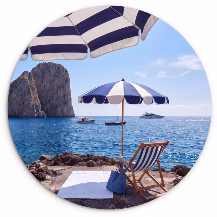 Glasbild Rund - Strand – Liegestuhl – Sonnenschirm – Sommer – Blau - Strand - Ligstoel - Parasol - Zomer - Blauw Wandcirkel plexiglas klein