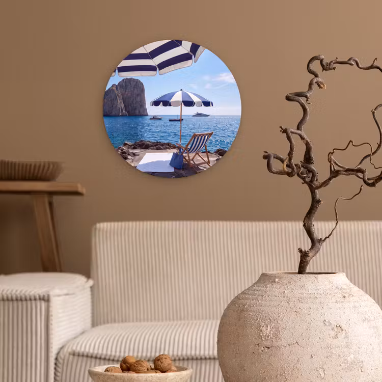 Glasbild Rund - Strand – Liegestuhl – Sonnenschirm – Sommer – Blau - Strand - Ligstoel - Parasol - Zomer - Blauw Wandcirkel plexiglas klein