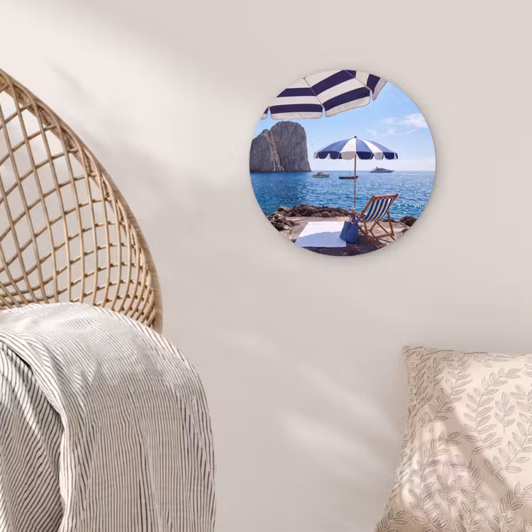 Glasbild Rund - Strand – Liegestuhl – Sonnenschirm – Sommer – Blau - Strand - Ligstoel - Parasol - Zomer - Blauw Wandcirkel plexiglas klein