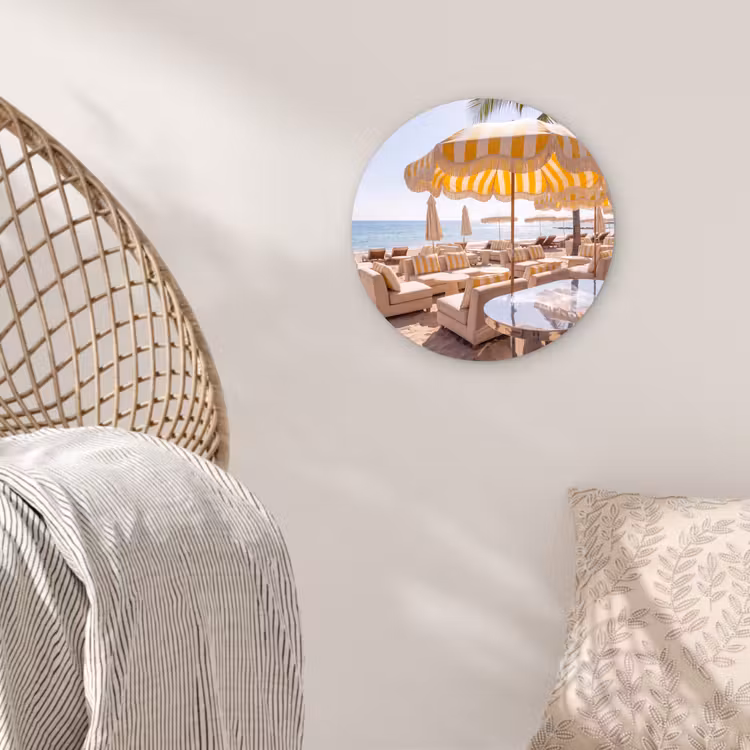 Glasbild Rund - Strand – Liegestühle – Urlaub – Modern – Gelb - Strand - Ligbedden - Vakantie - Modern - Geel Wandcirkel plexiglas klein