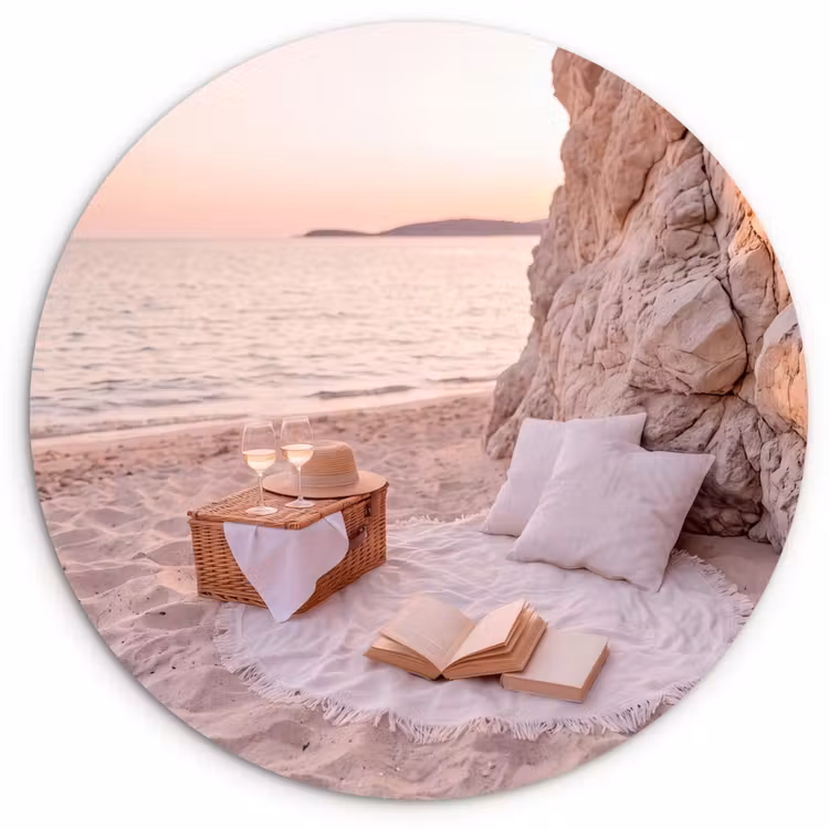 Glasbild Rund - Strand – Picknick – Sonnenuntergang – Sommer – Natur - Strand - Picknick - Zonsondergang - Zomer - Natuur Wandcirkel plexiglas klein