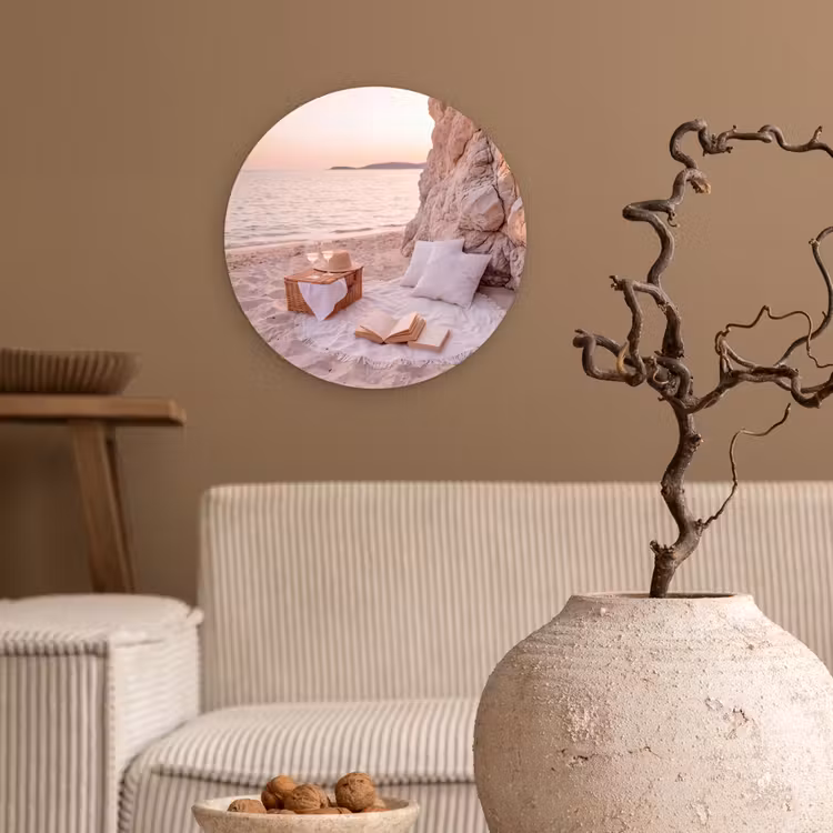 Glasbild Rund - Strand – Picknick – Sonnenuntergang – Sommer – Natur - Strand - Picknick - Zonsondergang - Zomer - Natuur Wandcirkel plexiglas klein
