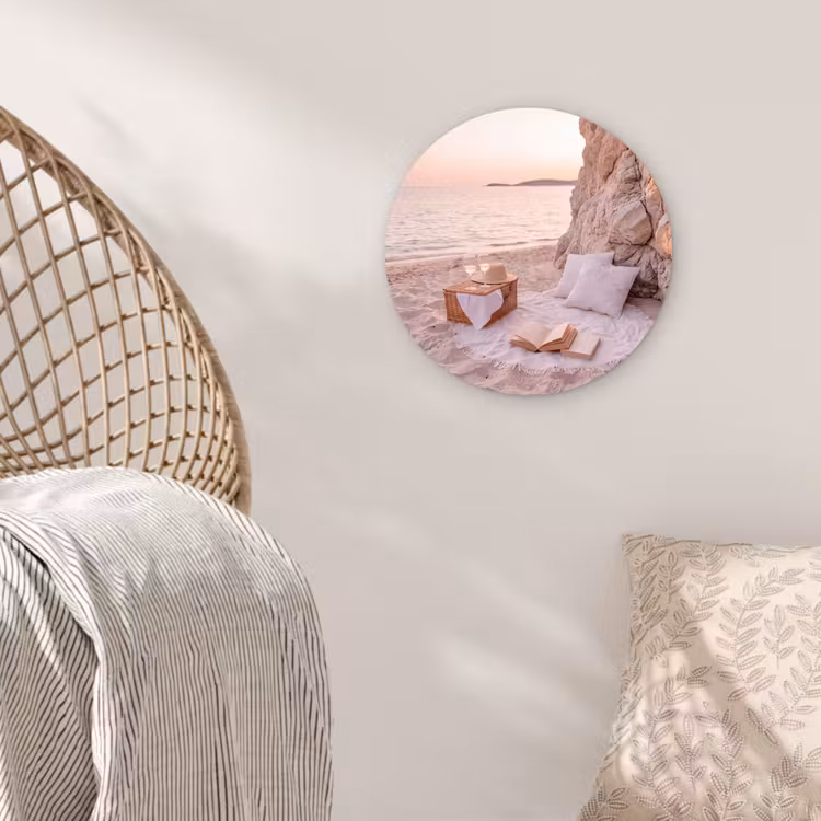Glasbild Rund - Strand – Picknick – Sonnenuntergang – Sommer – Natur - Strand - Picknick - Zonsondergang - Zomer - Natuur Wandcirkel plexiglas klein
