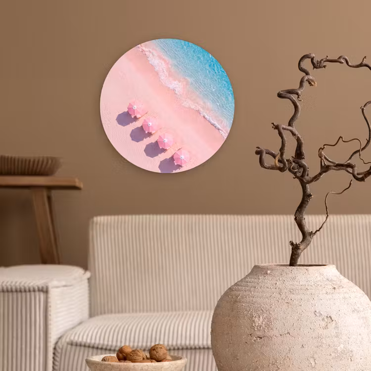 Glasbild Rund - Strand – Rosa Sand – Meer – Sommer – Natur - Strand - Roze zand - Zee - Zomer - Natuur Wandcirkel plexiglas klein