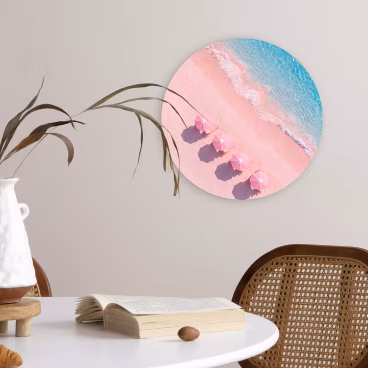 Glasbild Rund - Strand – Rosa Sand – Meer – Sommer – Natur - Strand - Roze zand - Zee - Zomer - Natuur Wandcirkel plexiglas klein