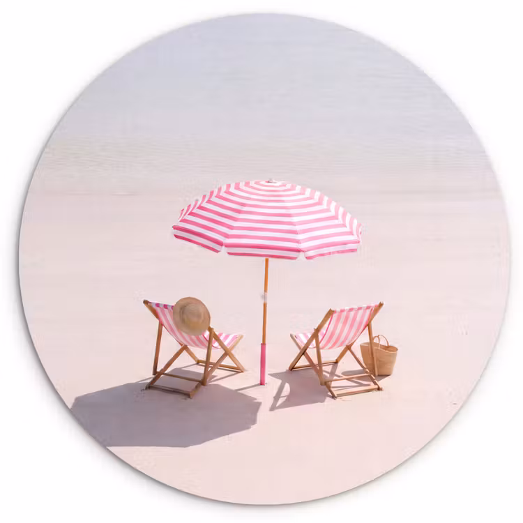 Glasbild Rund - Strand – Sonnenschirm – Liegestuhl – Sommer – Rosa - Strand - Parasol - Ligstoel - Zomer - Roze Wandcirkel plexiglas klein