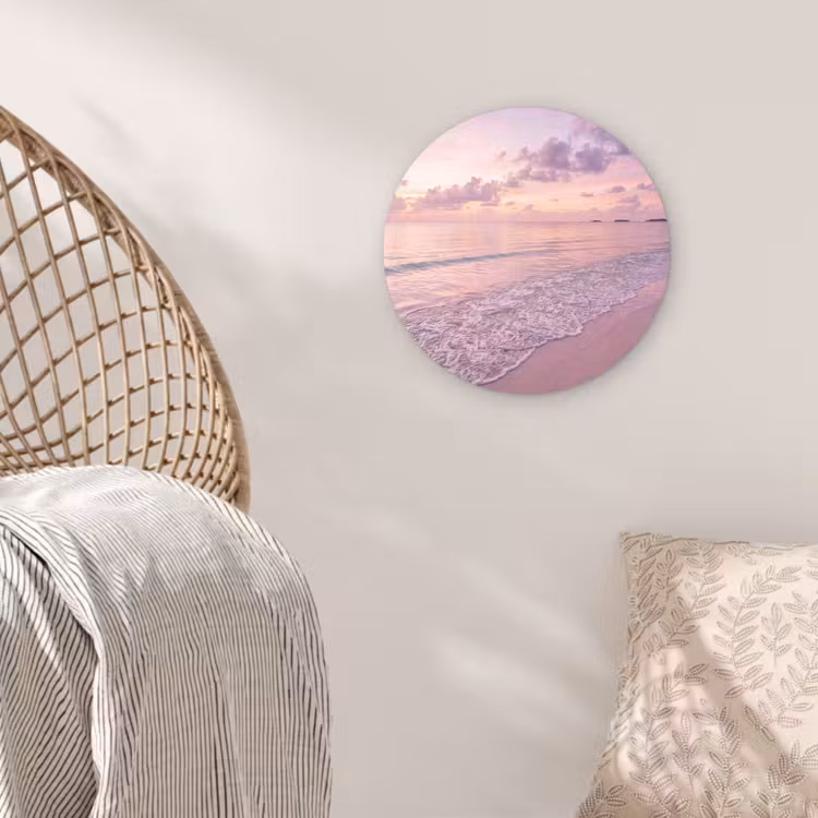 Glasbild Rund - Strand – Sonnenuntergang – Natur – Minimalistisch – Rosa - Strand - Zonsondergang - Natuur - Minimalistisch - Roze Wandcirkel plexiglas klein