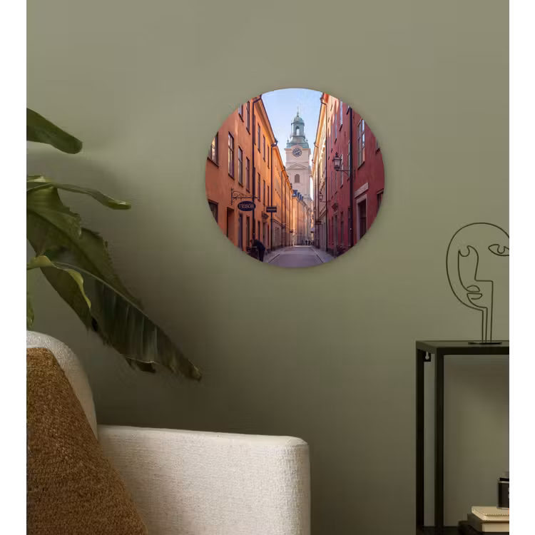Glasbild Rund - Straße – Glockenturm – Stadt – Architektur – Historisch - Straat - Klokkentoren - Stad - Architectuur - Historisch Wandcirkel plexiglas klein