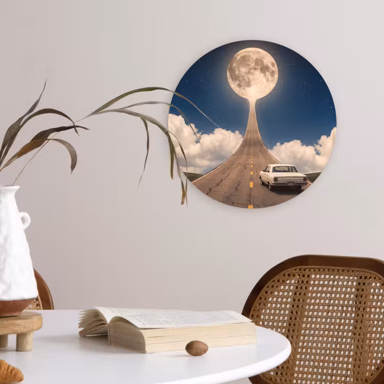 Glasbild Rund - Straße – Mond – Nacht - Weg - Maan - Nacht Wandcirkel plexiglas klein