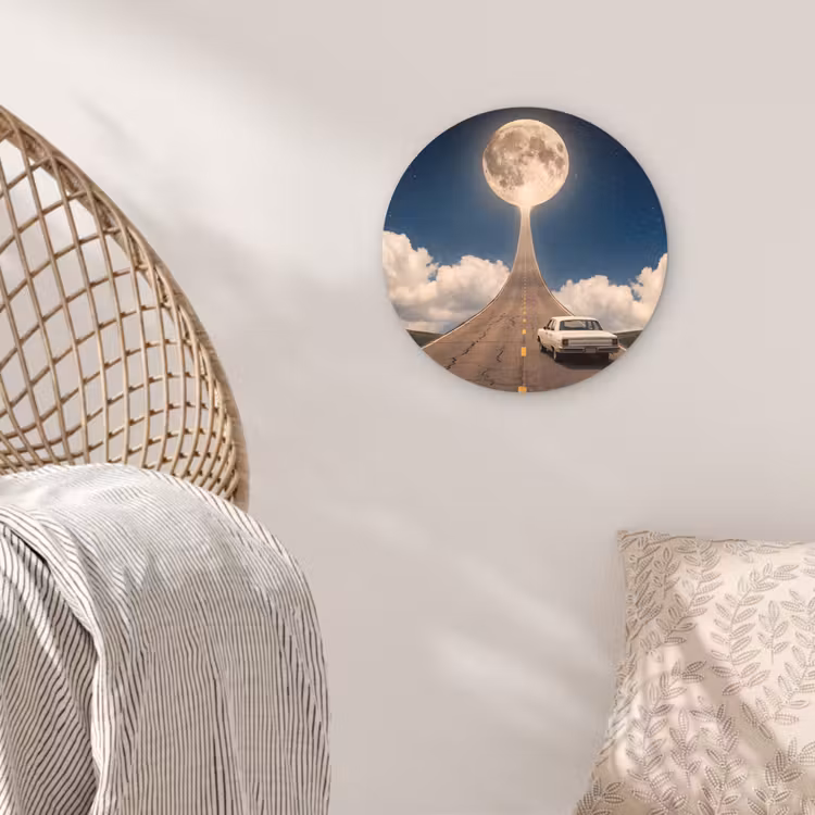 Glasbild Rund - Straße – Mond – Nacht - Weg - Maan - Nacht Wandcirkel plexiglas klein