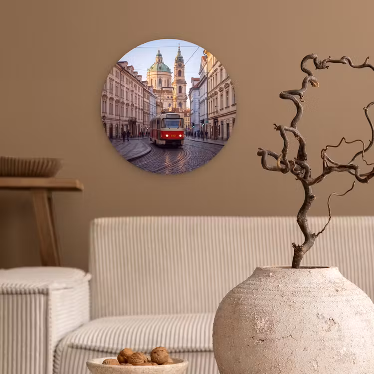 Glasbild Rund - Straßenbahn – Straße – Stadtansicht – Klassisch – Rot - Tram - Straat - Stadsgezicht - Klassiek - Rood Wandcirkel plexiglas klein