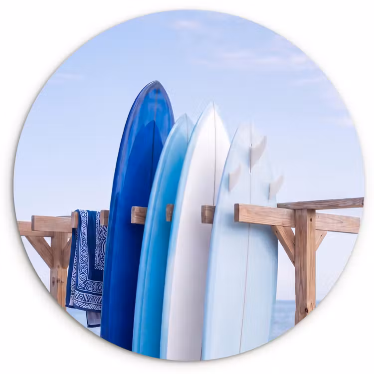 Glasbild Rund - Surfbrett – Strand – Sommer – Blau – Wasser - Surfplank - Strand - Zomer - Blauw - Water Wandcirkel plexiglas klein