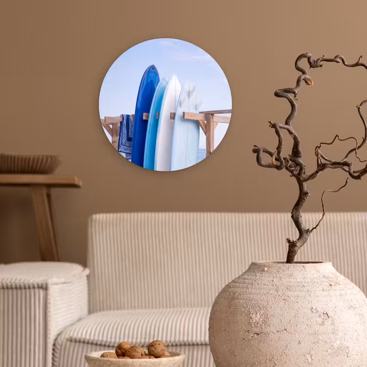 Glasbild Rund - Surfbrett – Strand – Sommer – Blau – Wasser - Surfplank - Strand - Zomer - Blauw - Water Wandcirkel plexiglas klein