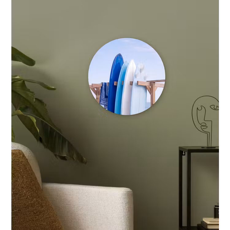 Glasbild Rund - Surfbrett – Strand – Sommer – Blau – Wasser - Surfplank - Strand - Zomer - Blauw - Water Wandcirkel plexiglas klein