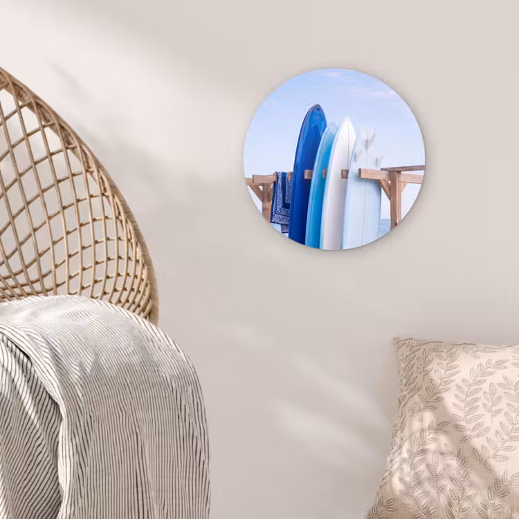 Glasbild Rund - Surfbrett – Strand – Sommer – Blau – Wasser - Surfplank - Strand - Zomer - Blauw - Water Wandcirkel plexiglas klein