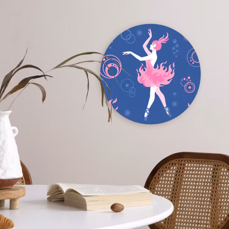 Glasbild Rund - Tänzerin – Flammenrock – Abstrakt – Rosa – Blau - Danseres - Vlammenrok - Abstract - Roze - Blauw Wandcirkel plexiglas klein