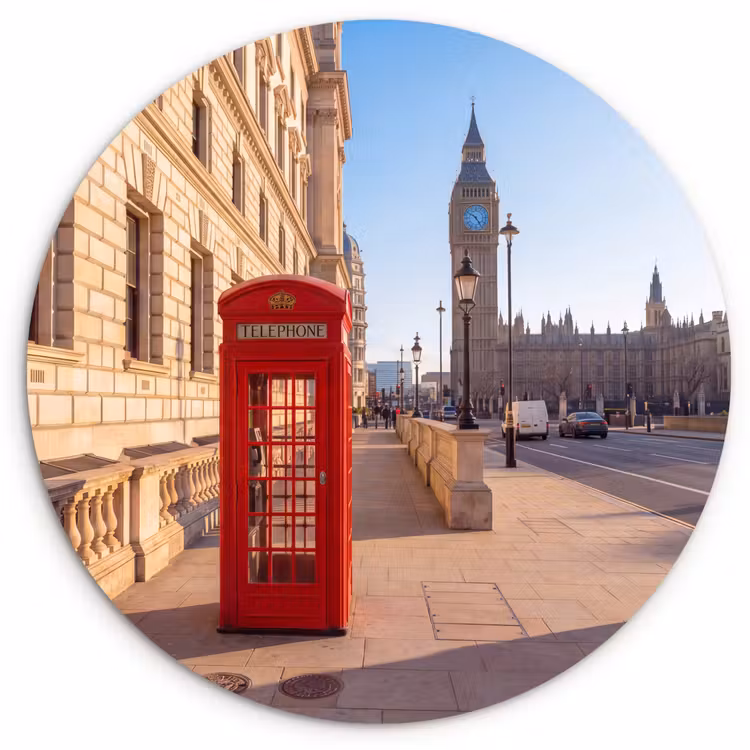 Glasbild Rund - Telefonzelle – Rot – London – Stadt – Architektur - Telefooncel - Rood - Londen - Stad - Architectuur Wandcirkel plexiglas klein