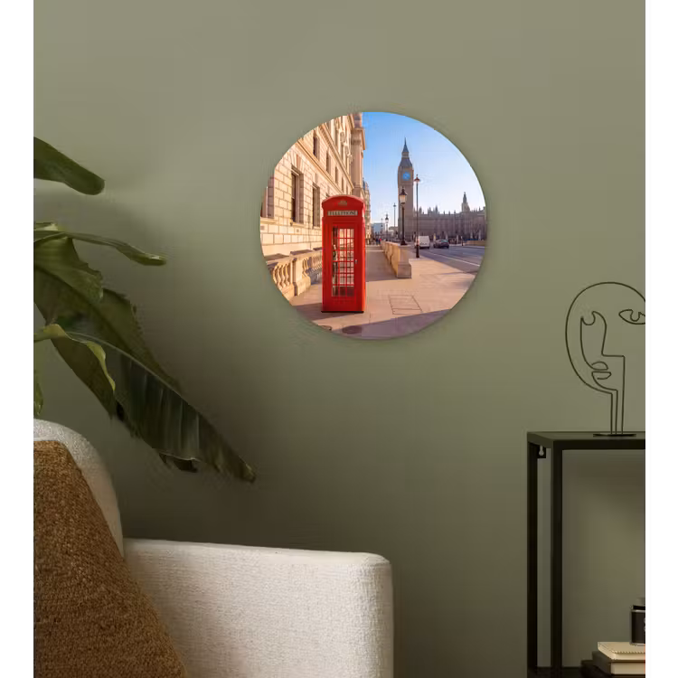 Glasbild Rund - Telefonzelle – Rot – London – Stadt – Architektur - Telefooncel - Rood - Londen - Stad - Architectuur Wandcirkel plexiglas klein