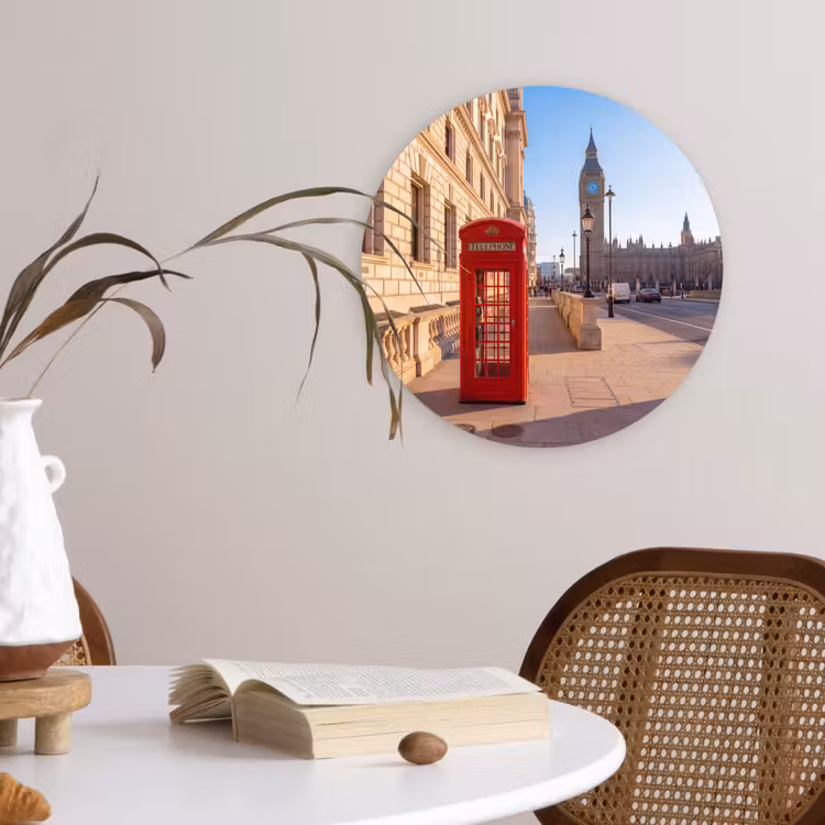 Glasbild Rund - Telefonzelle – Rot – London – Stadt – Architektur - Telefooncel - Rood - Londen - Stad - Architectuur Wandcirkel plexiglas klein