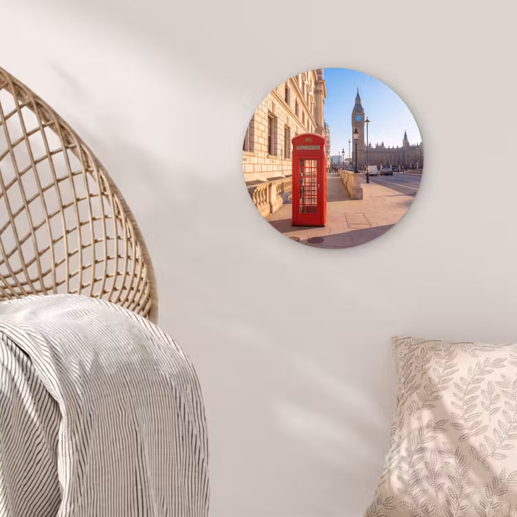 Glasbild Rund - Telefonzelle – Rot – London – Stadt – Architektur - Telefooncel - Rood - Londen - Stad - Architectuur Wandcirkel plexiglas klein