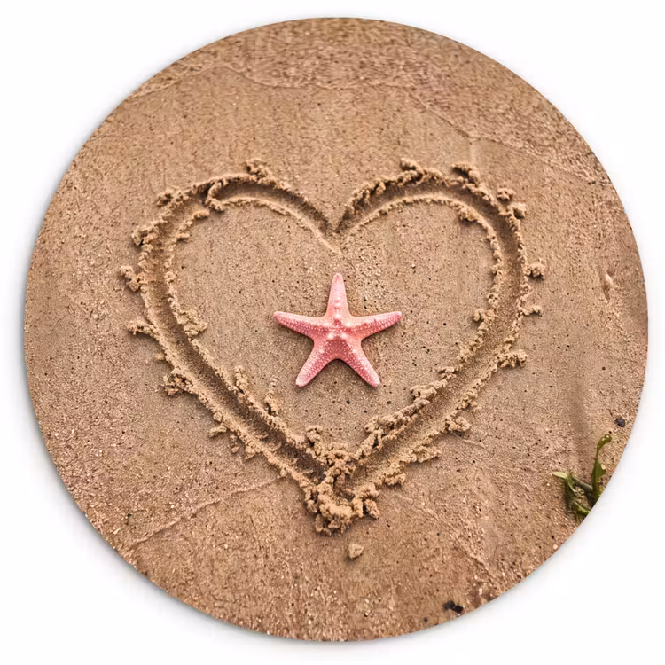 Glasbild Rund - Tiere – Herz – Strand – Sand – Rosa - Dieren - Hart - Strand - Zand - Roze Wandcirkel plexiglas klein