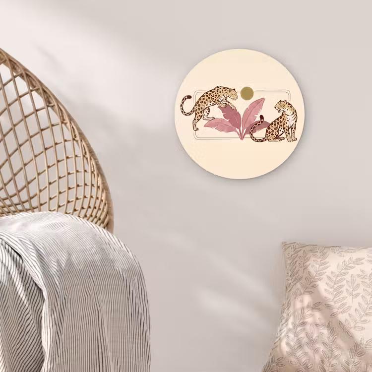 Glasbild Rund - Tiere – Katze – Dschungel – Illustration – Beige - Dieren - Kat - Jungle - Illustratie - Beige Wandcirkel plexiglas klein