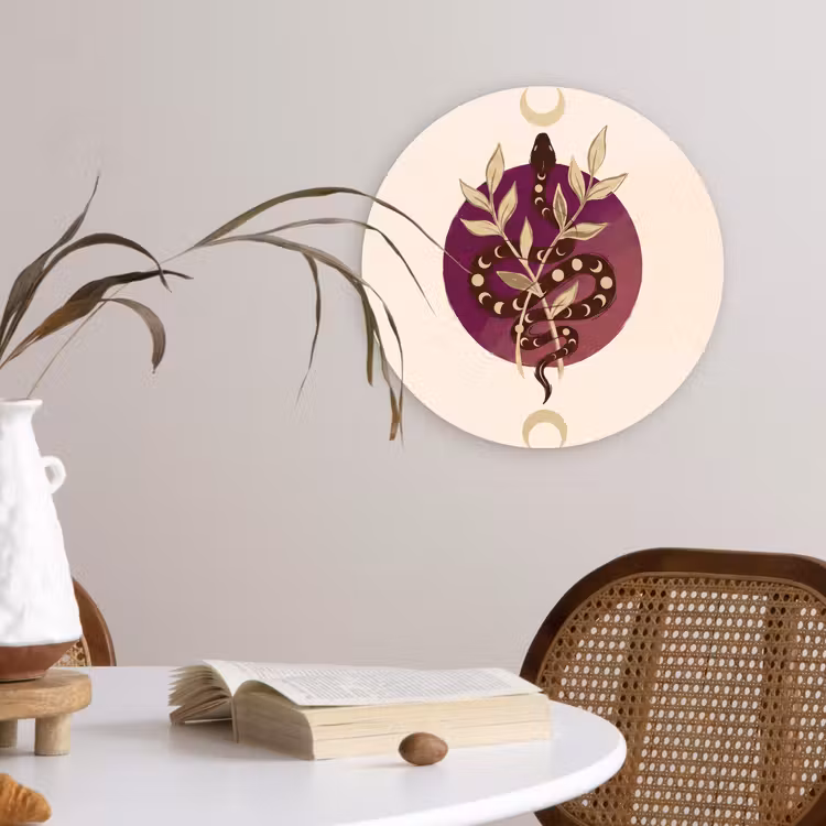 Glasbild Rund - Tiere – Schlange – Mond – Mystik – Abstrakt - Dieren - Slang - Maan - Mystiek - Abstract Wandcirkel plexiglas klein