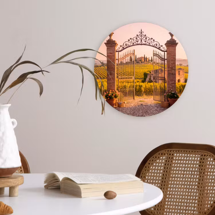 Glasbild Rund - Tor – Landschaft – Land – Sonnenlicht – Warm - Poort - Landschap - Platteland - Zonlicht - Warm Wandcirkel plexiglas klein