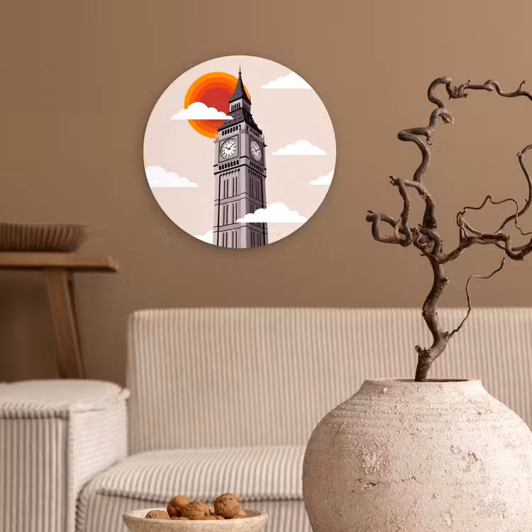 Glasbild Rund - Turm – Uhr – London – Architektur – Retro - Toren - Klok - Londen - Architectuur - Retro Wandcirkel plexiglas klein