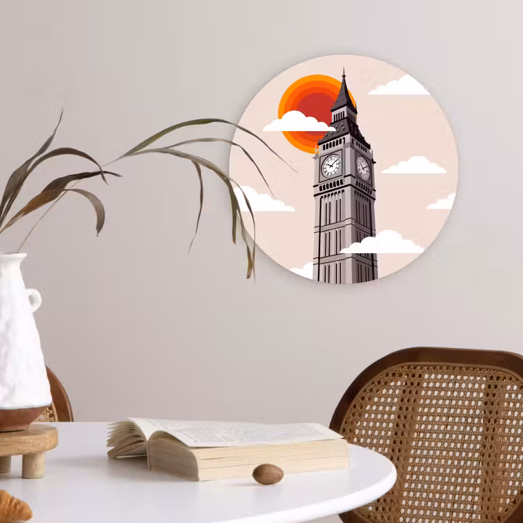 Glasbild Rund - Turm – Uhr – London – Architektur – Retro - Toren - Klok - Londen - Architectuur - Retro Wandcirkel plexiglas klein
