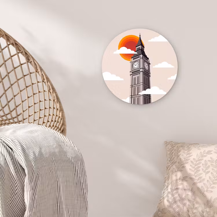 Glasbild Rund - Turm – Uhr – London – Architektur – Retro - Toren - Klok - Londen - Architectuur - Retro Wandcirkel plexiglas klein