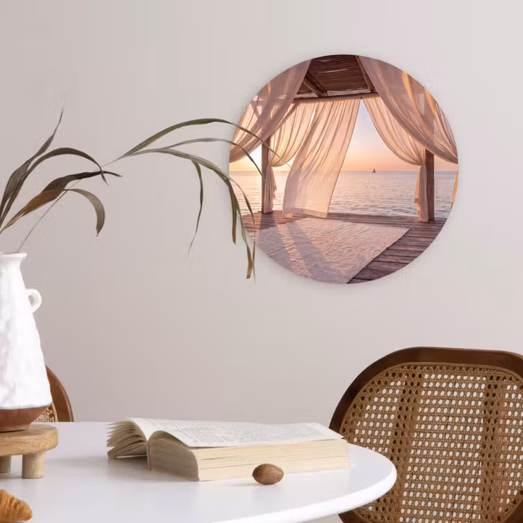 Glasbild Rund - Überdachung – Meer – Sonnenuntergang – Urlaub – Ruhe - Overkapping - Zee - Zonsondergang - Vakantie - Rust Wandcirkel plexiglas klein