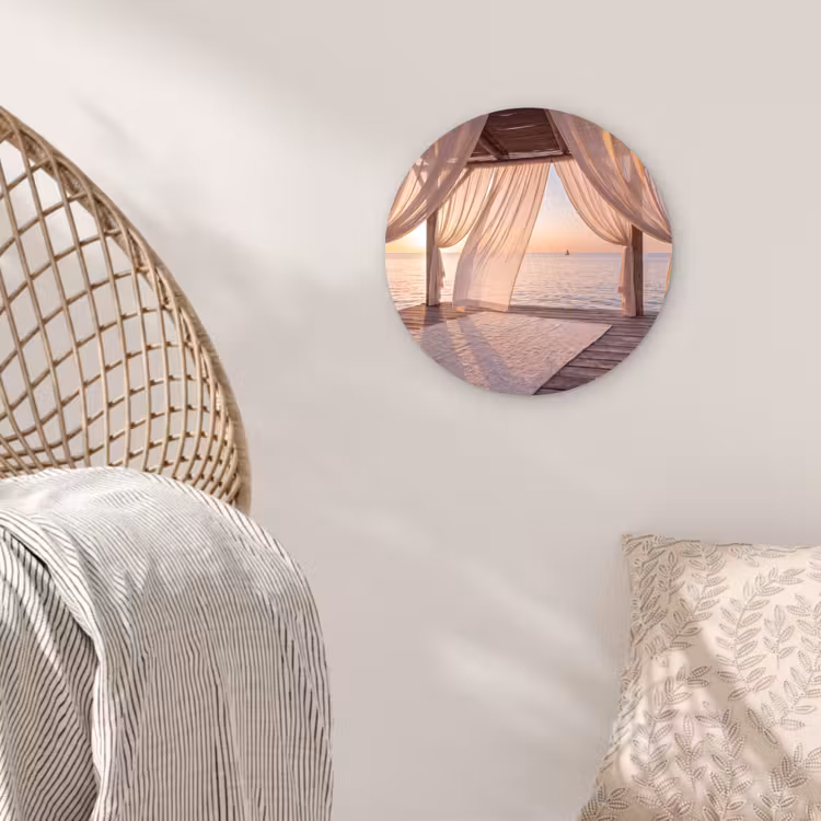 Glasbild Rund - Überdachung – Meer – Sonnenuntergang – Urlaub – Ruhe - Overkapping - Zee - Zonsondergang - Vakantie - Rust Wandcirkel plexiglas klein