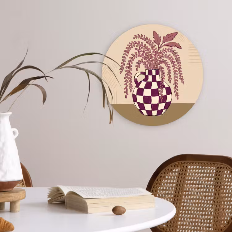 Glasbild Rund - Vase – Kariert – Pflanzen – Modern – Lila - Vaas - Geruit - Planten - Modern - Paars Wandcirkel plexiglas klein