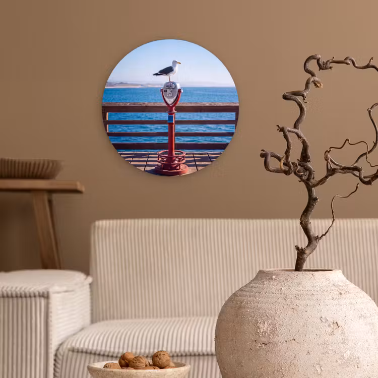 Glasbild Rund - Vogel – Fernglas – Küste – Meer – Blau - Vogel - Verrekijker - Kust - Zee - Blauw Wandcirkel plexiglas klein
