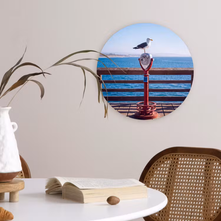 Glasbild Rund - Vogel – Fernglas – Küste – Meer – Blau - Vogel - Verrekijker - Kust - Zee - Blauw Wandcirkel plexiglas klein