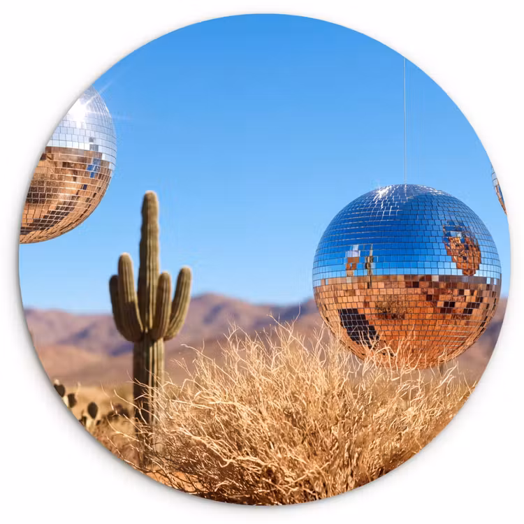 Glasbild Rund - Wüste – Spiegelkugel – Kunst - Woestijn - Spiegelbal - Kunst Wandcirkel plexiglas klein