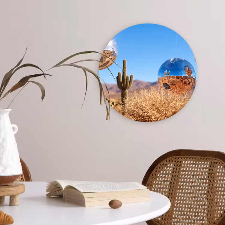 Glasbild Rund - Wüste – Spiegelkugel – Kunst - Woestijn - Spiegelbal - Kunst Wandcirkel plexiglas klein