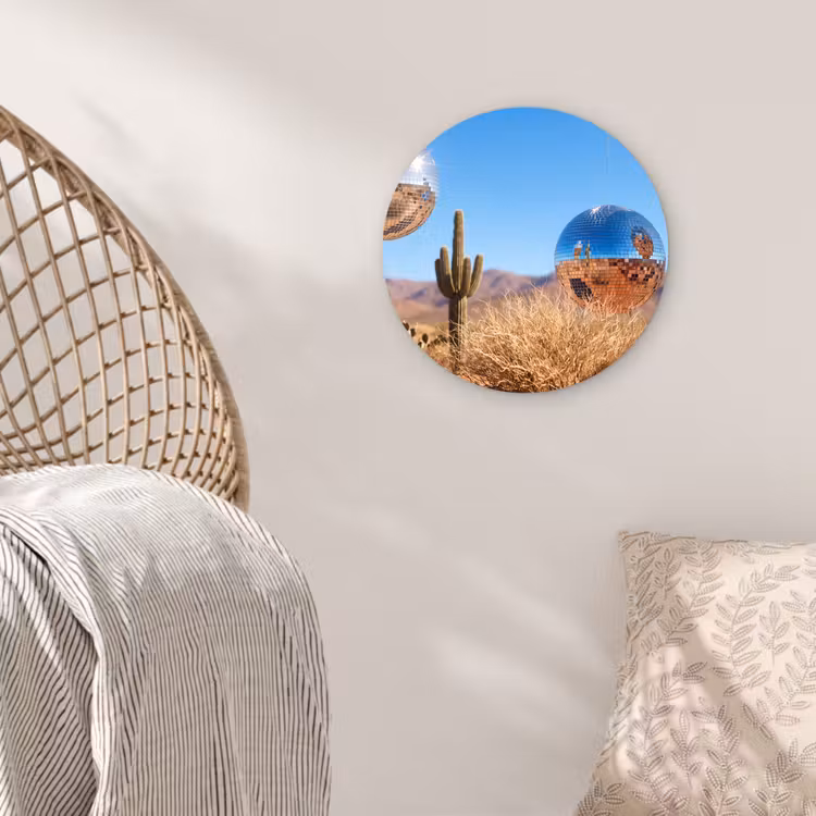 Glasbild Rund - Wüste – Spiegelkugel – Kunst - Woestijn - Spiegelbal - Kunst Wandcirkel plexiglas klein